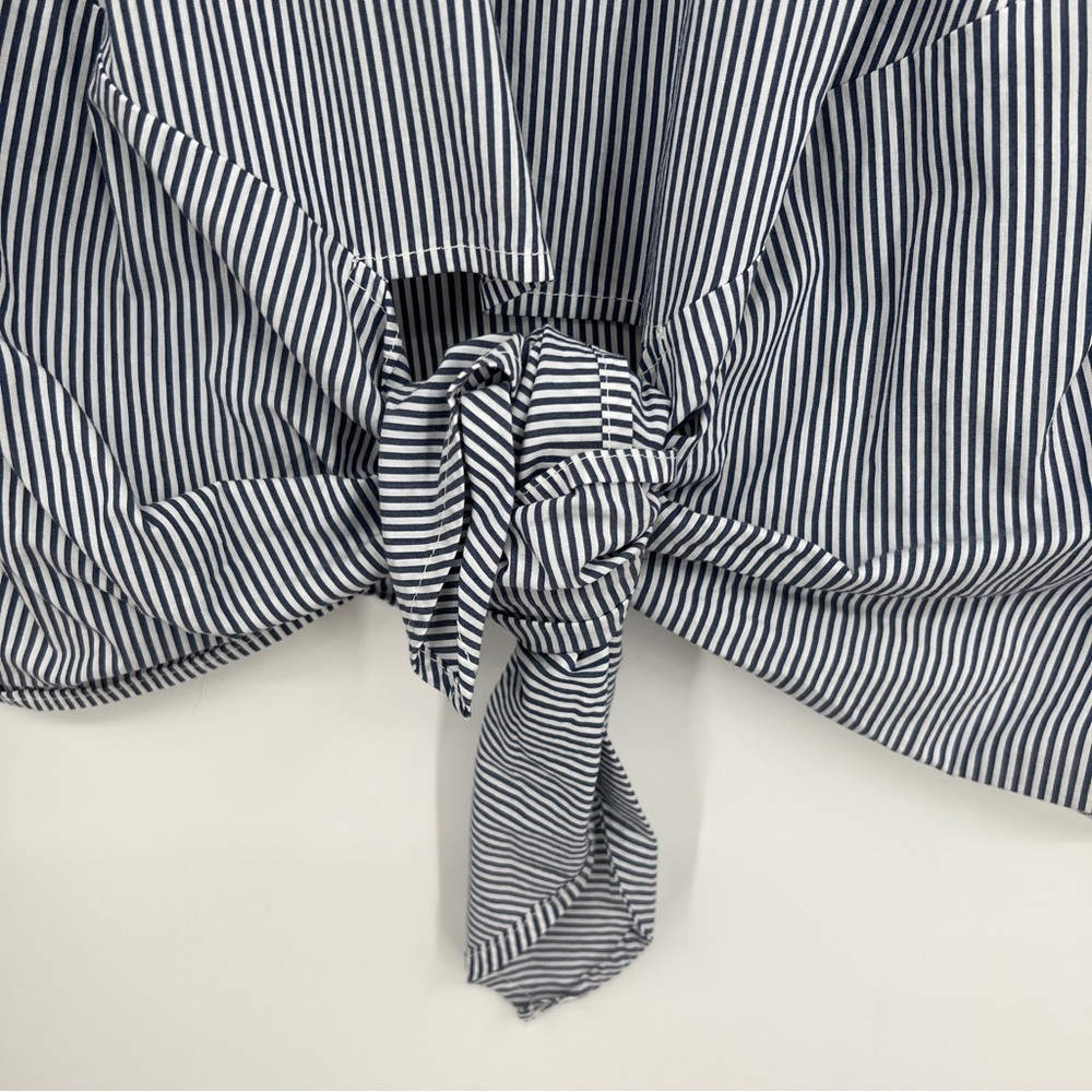 Lane Bryant Embroidered Tie-Front Pinstriped Back Button Boxy Blue White Shirt - Picture 6 of 15